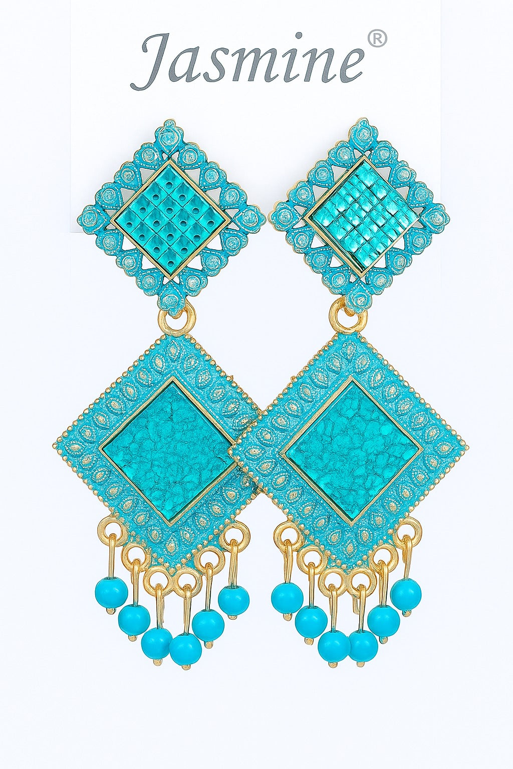 Jasmine Turquoise Blue Geometric Earrings with Beads for Indian Women