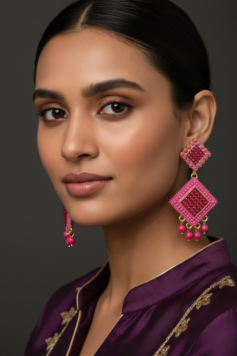 Elegant Indian Woman Wearing Traditional Pink Jewelry Earrings
