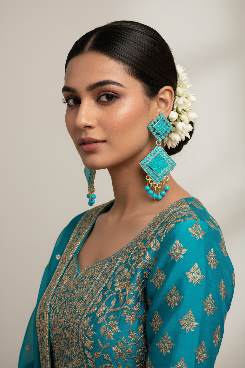 Jasmine Turquoise Blue Geometric Earrings with Beads for Indian Women